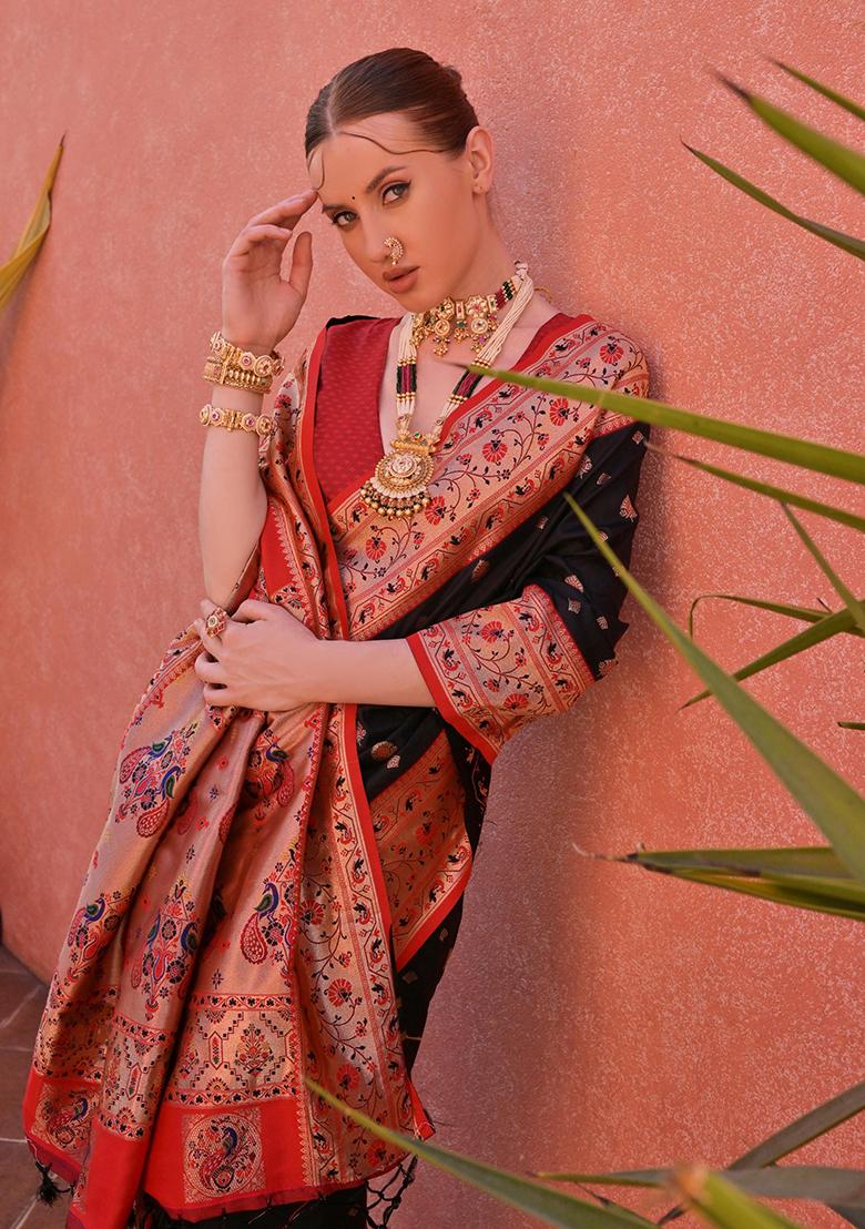 Black Motif Silk Saree Set - Indya