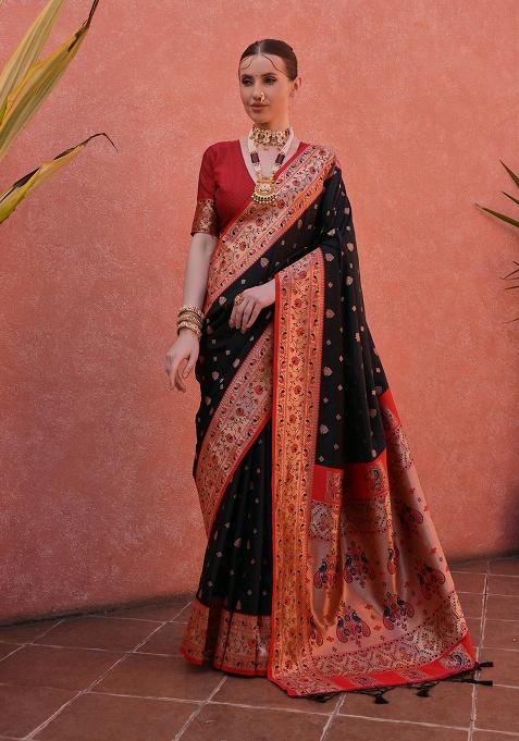 Black Motif Silk Saree Set