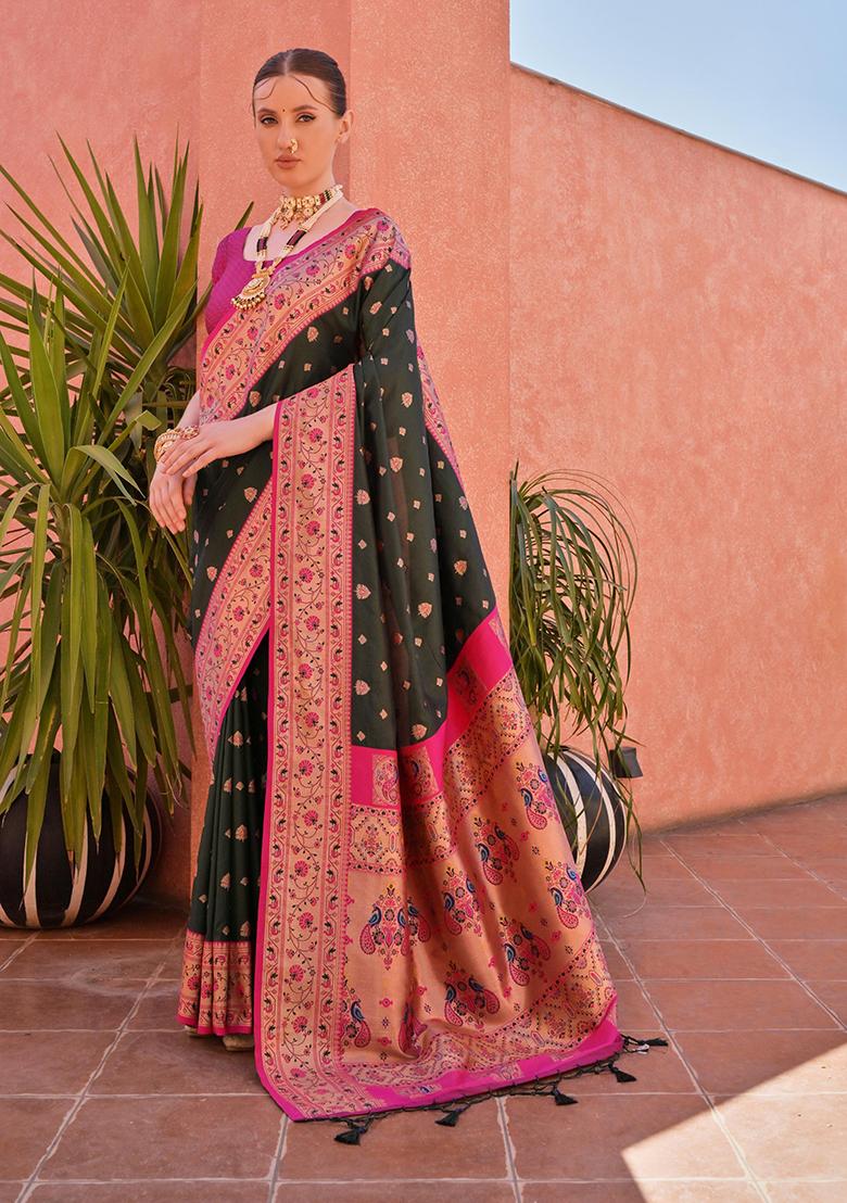 Green Motif Silk Saree Set - Indya