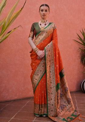 Orange Motif Silk Saree Set