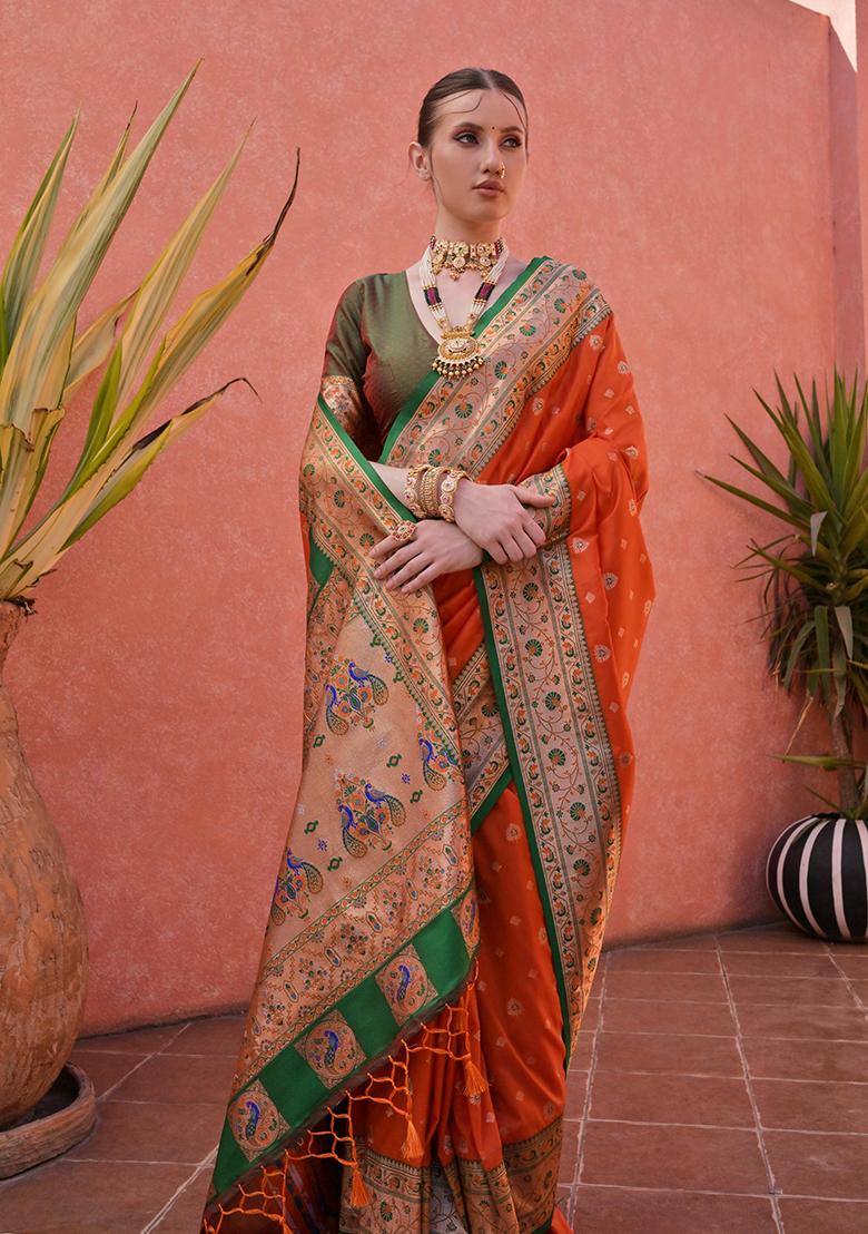 Orange Motif Silk Saree Set - Indya