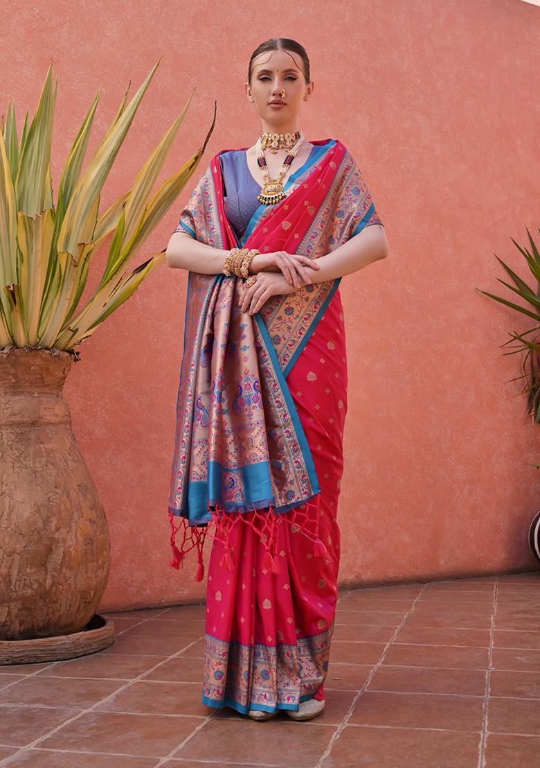 Pink Motif Silk Saree Set - Indya