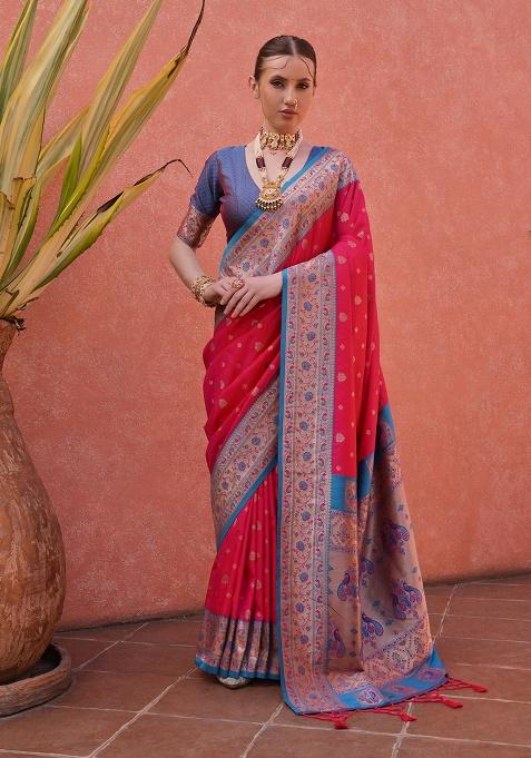 Pink Motif Silk Saree Set
