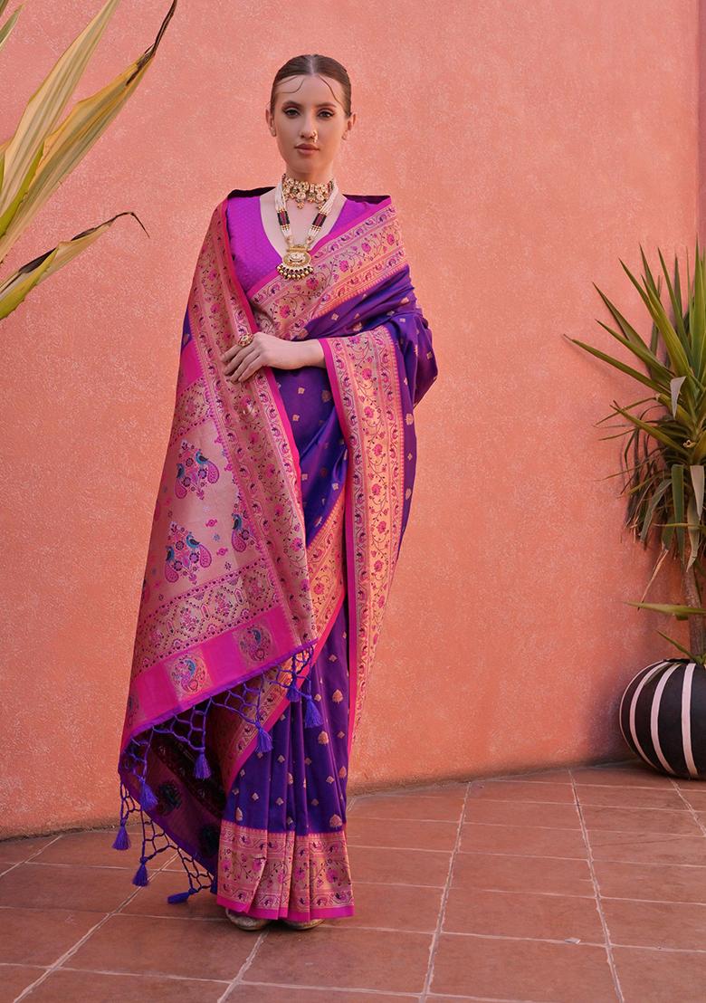 Purple Motif Silk Saree Set - Indya