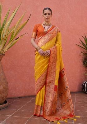 Yellow Motif Silk Saree Set