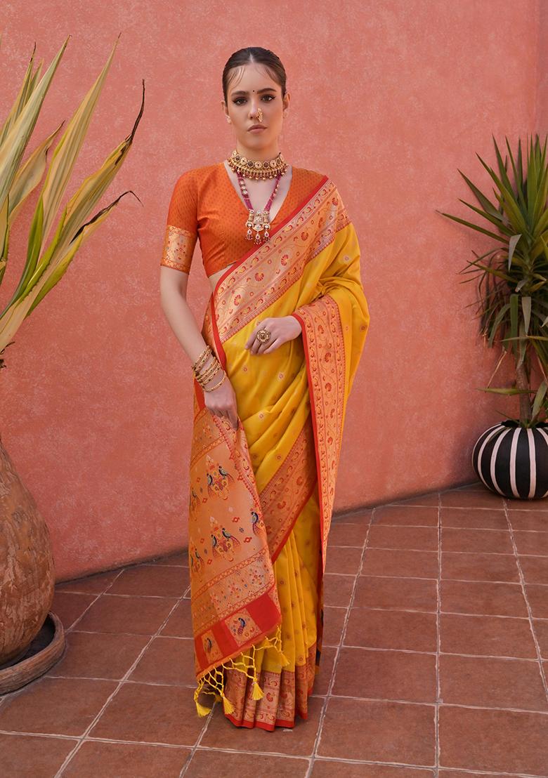 Yellow Motif Silk Saree Set - Indya