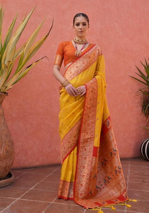 Yellow Motif Silk Saree Set
