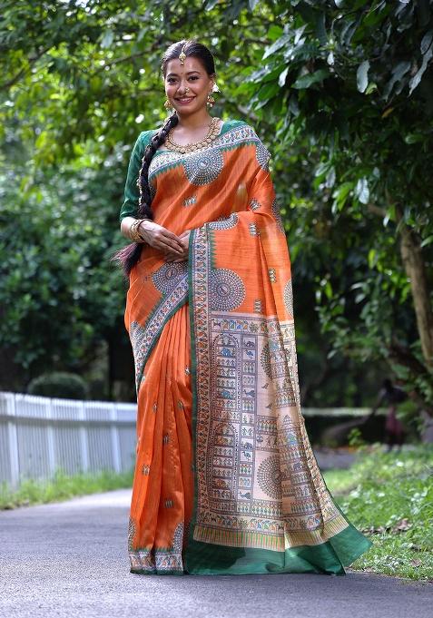 Orange Motif Silk Saree Set