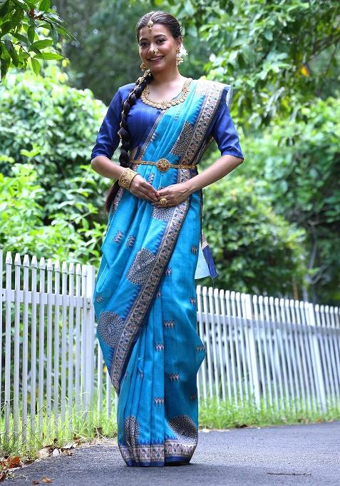 Teal Motif Silk Saree Set