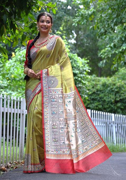 Mustard Motif Silk Saree Set
