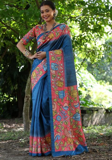 Blue Motif Silk Saree Set
