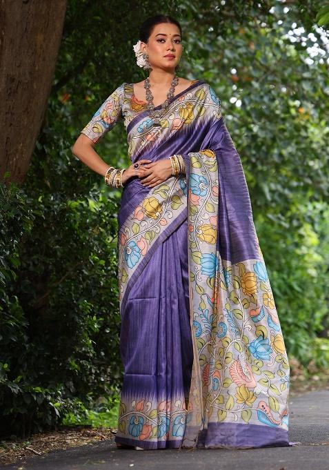 Purple Motif Silk Saree Set