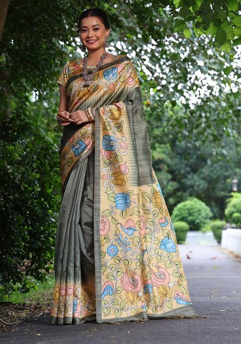 Grey Motif Silk Saree Set