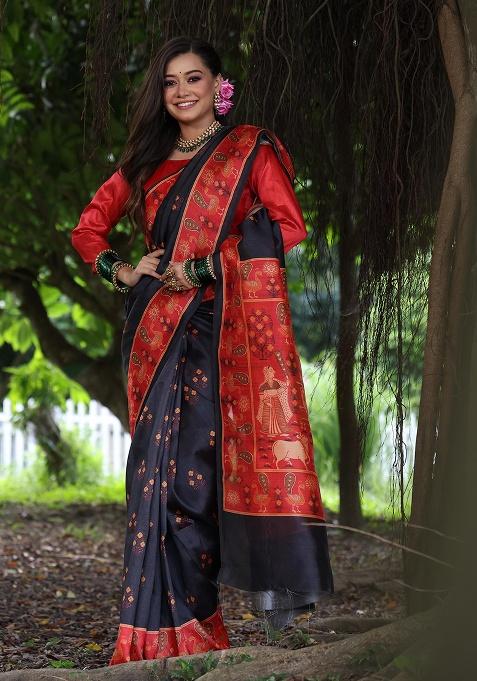 Black Motif Silk Saree Set