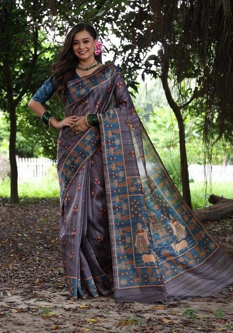 Grey Motif Silk Saree Set