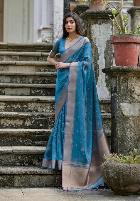 Teal Motif Silk Saree Set