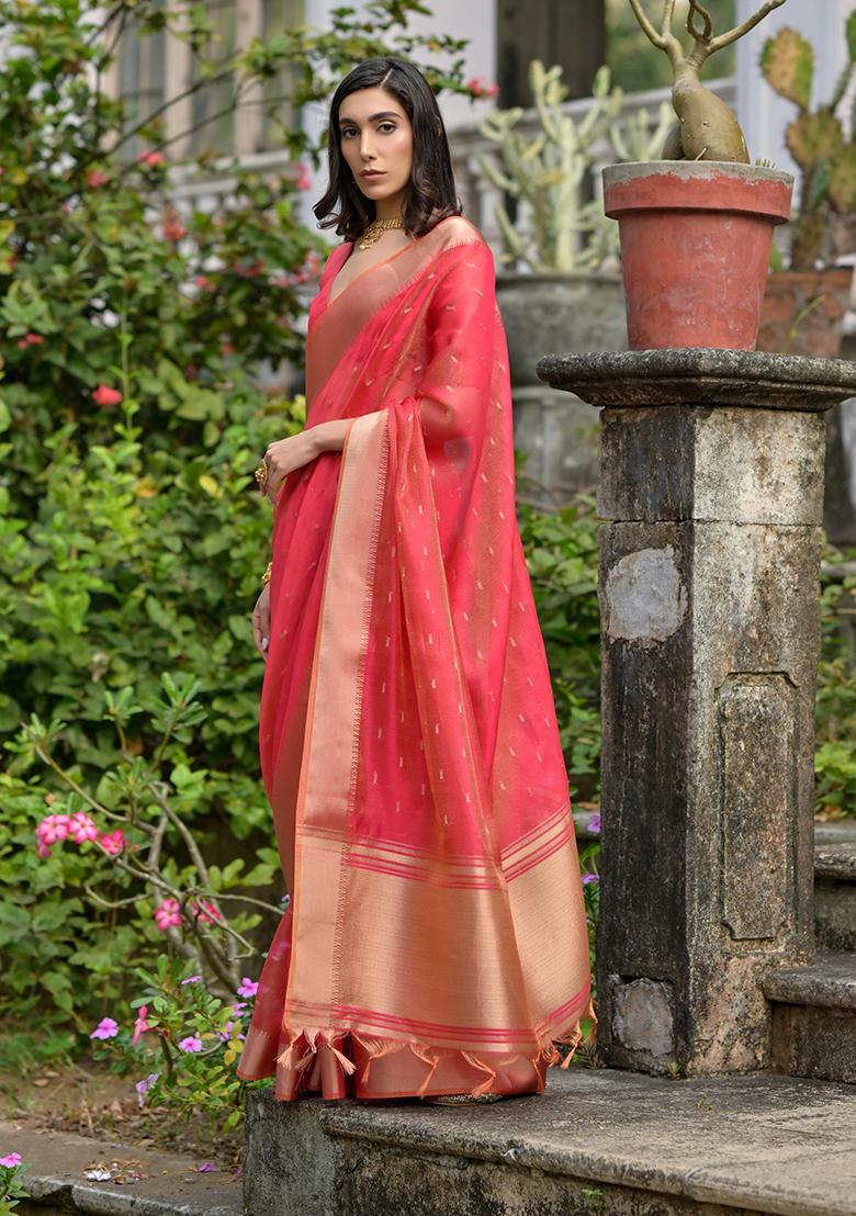 Coral Motif Silk Saree Set - Indya