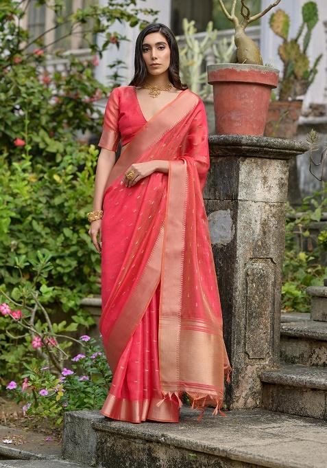 Coral Motif Silk Saree Set
