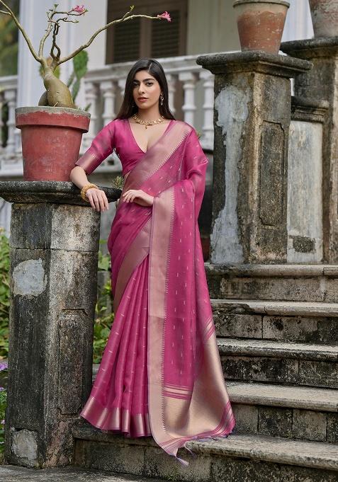 Pink Motif Silk Saree Set
