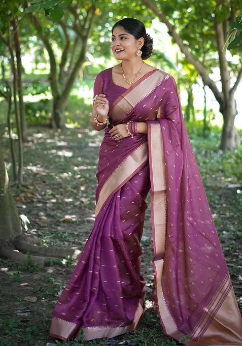 Purple Motif Silk Saree Set