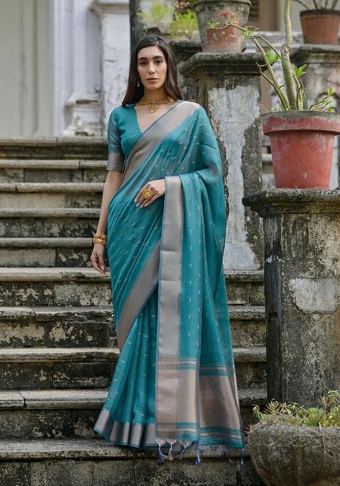 Teal Motif Silk Saree Set