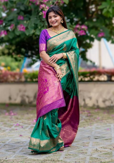 Dark Green Motif Silk Saree Set