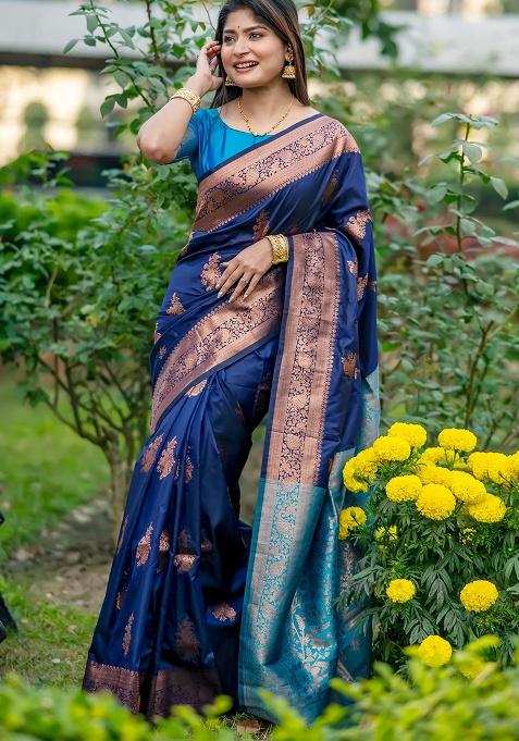 Navy Blue Motif Silk Saree Set