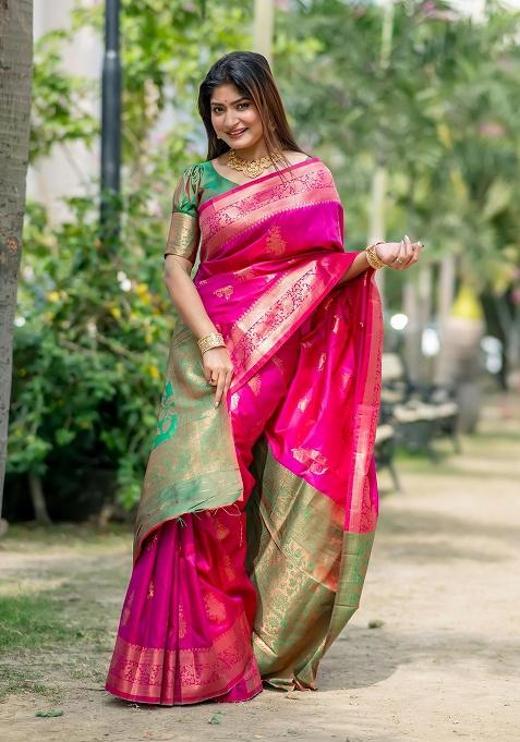 Pink Motif Silk Saree Set