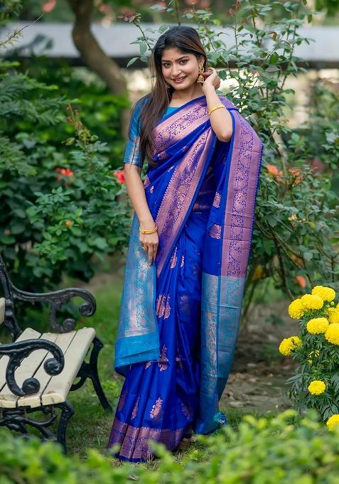 Royal Blue Motif Silk Saree Set