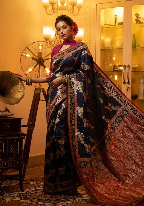 Navy Blue Motif Silk Saree Set