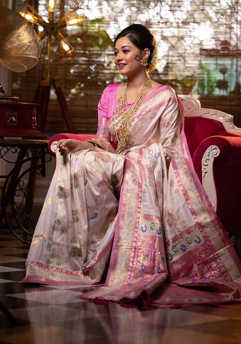 Off White Motif Silk Saree Set