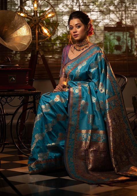 Teal Motif Silk Saree Set