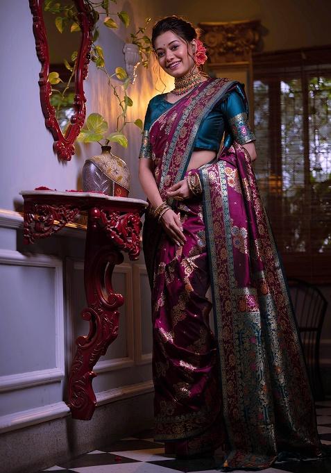 Violet Motif Silk Saree Set