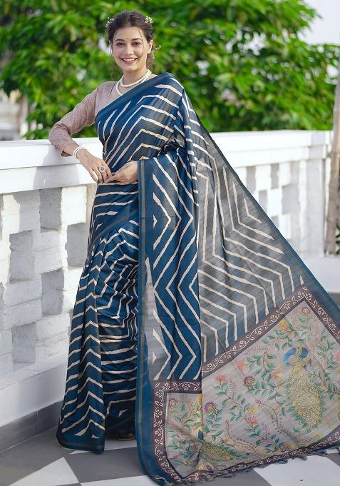 Blue Motif Silk Saree Set