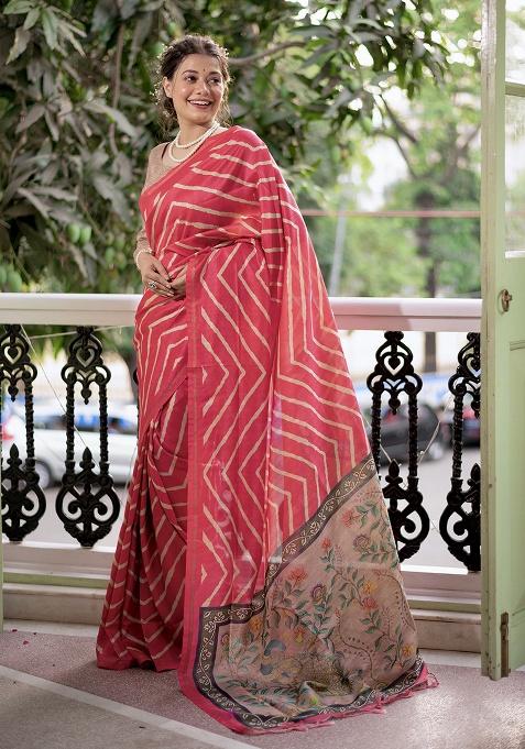 Pink Motif Silk Saree Set