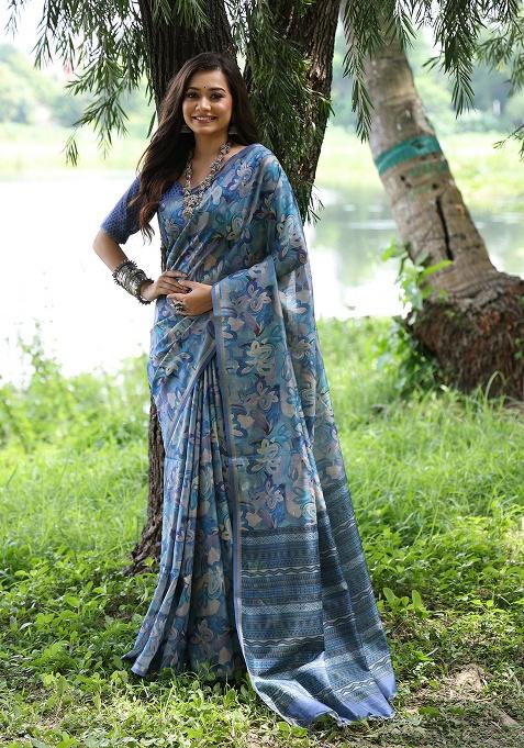 Blue Motif Silk Saree Set