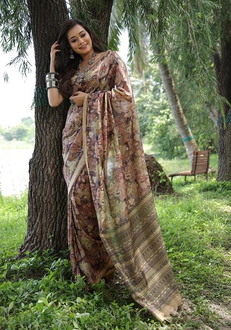 Brown Motif Silk Saree Set