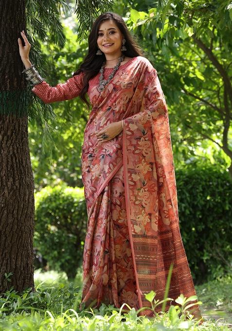 Peach Motif Silk Saree Set