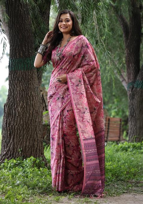 Pink Motif Silk Saree Set