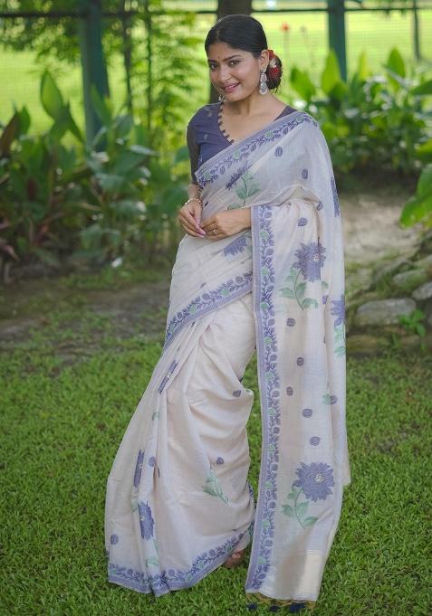 Blue Motif Blended Cotton Saree Set