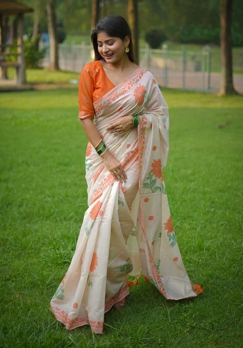 Orange Motif Blended Cotton Saree Set