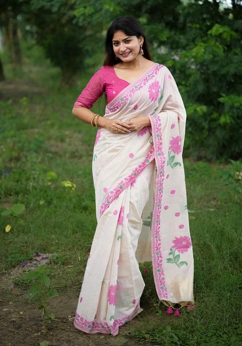 Pink Motif Blended Cotton Saree Set