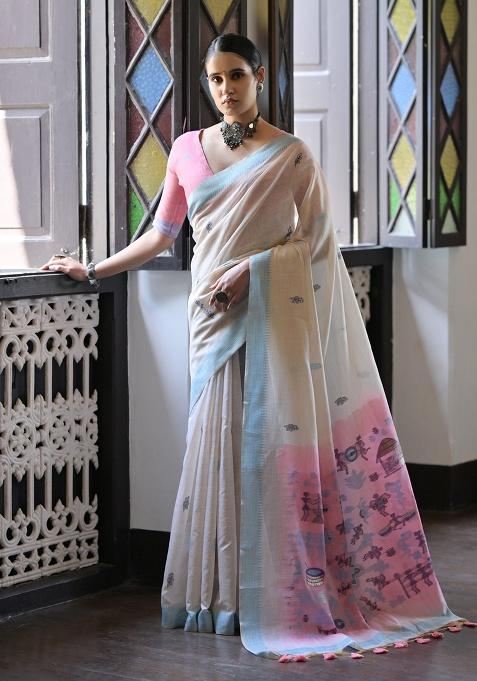 Blue Motif Blended Cotton Saree Set