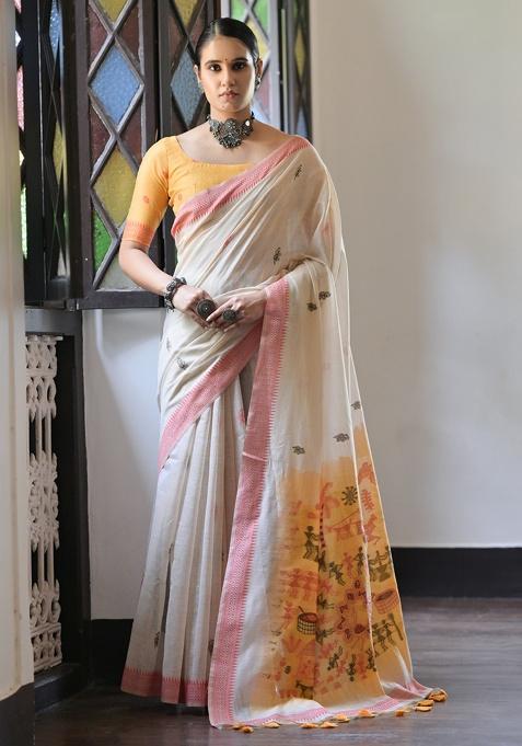 Mustard Motif Blended Cotton Saree Set