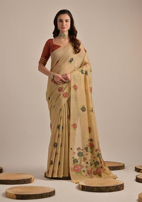 Light Beige Motif Blended Cotton Saree Set