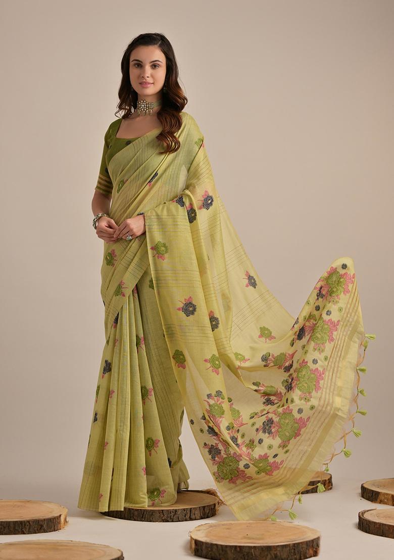 Light Green Motif Blended Cotton Saree Set - Indya
