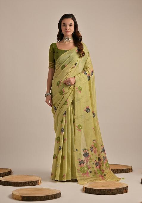 Light Green Motif Blended Cotton Saree Set