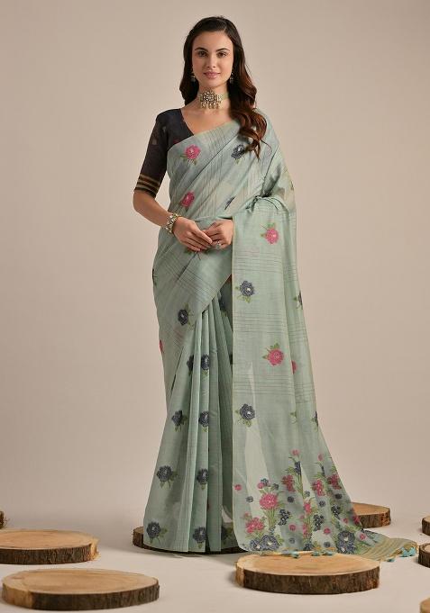 Teal Motif Blended Cotton Saree Set