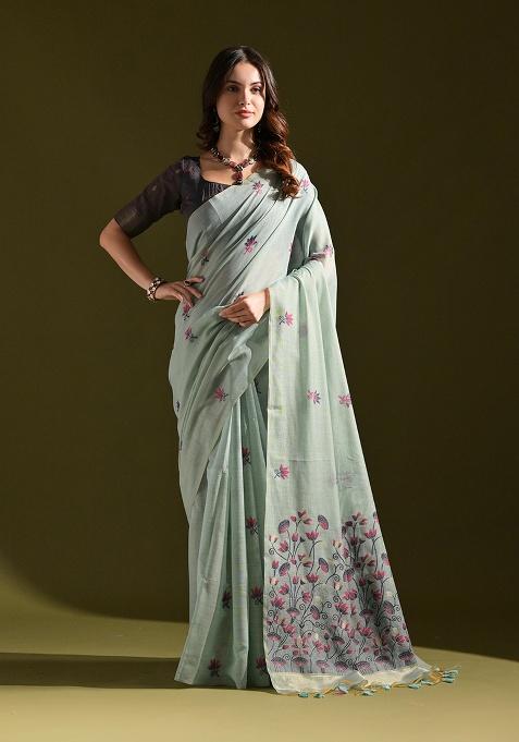 Aqua Blue Motif Blended Cotton Saree Set