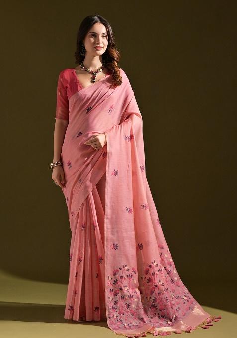 Pink Motif Blended Cotton Saree Set